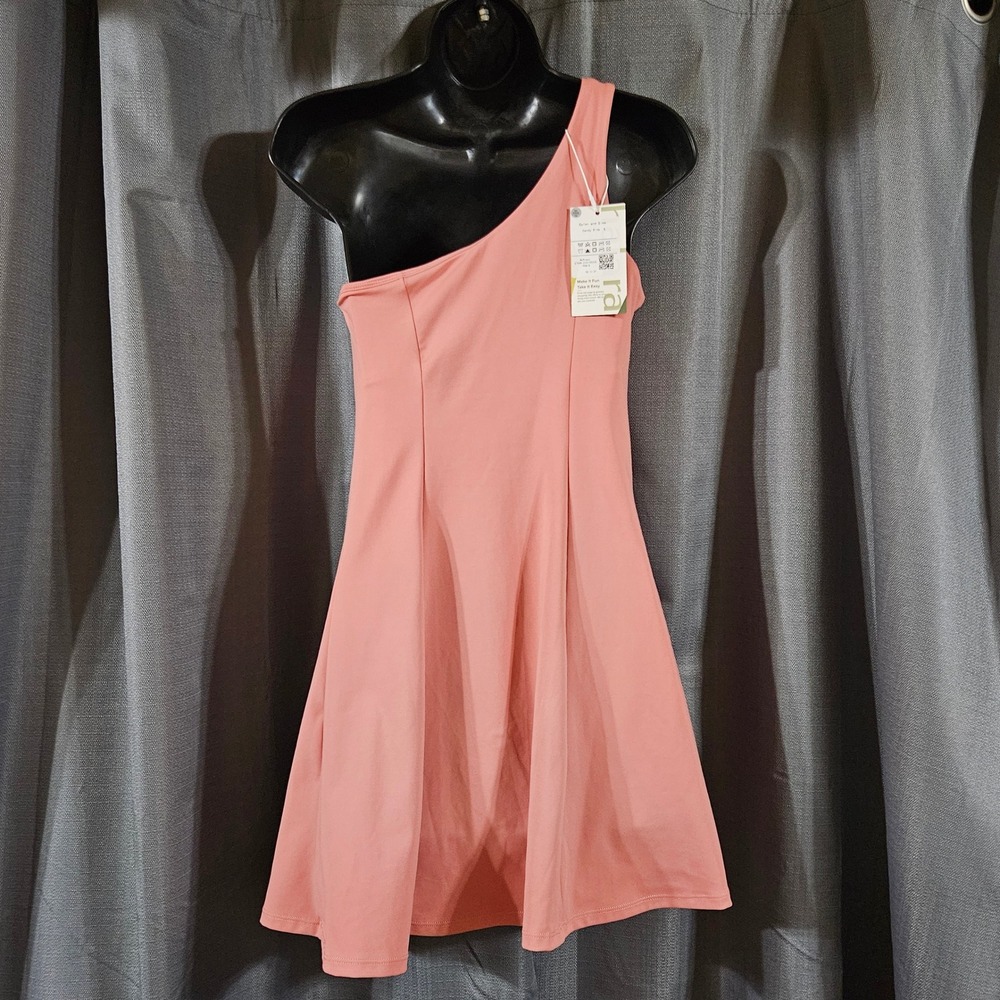 Halara Coral Pink One Shoulder Athletic Exercise Dress Small NEW flared - Picture 2 of 6
